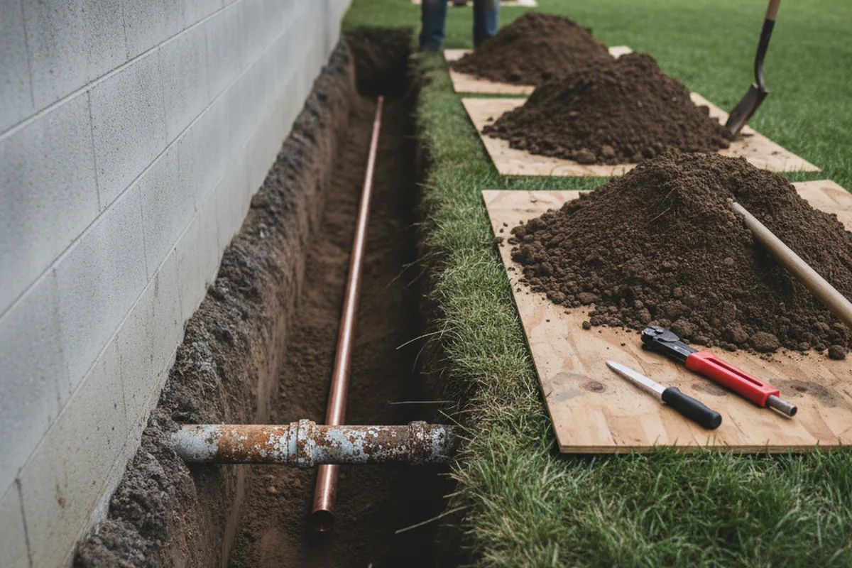 Excavated water line trench during Sewer Line Repair in Greenback